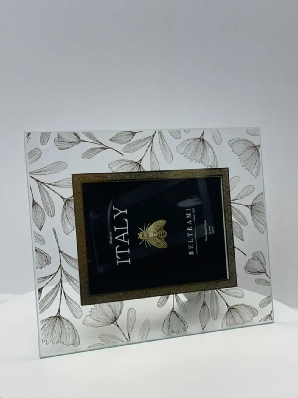 Beltrami Italy Silver Plated 5x7 Frame Gold Floral Glass Photo Holder